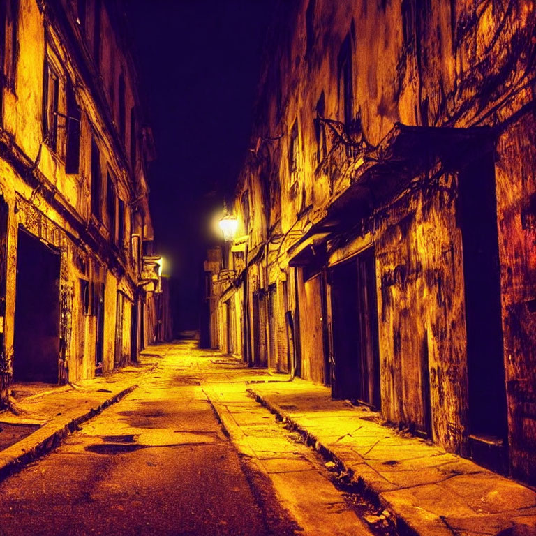 Narrow Street at Night with Warm Yellow Glow