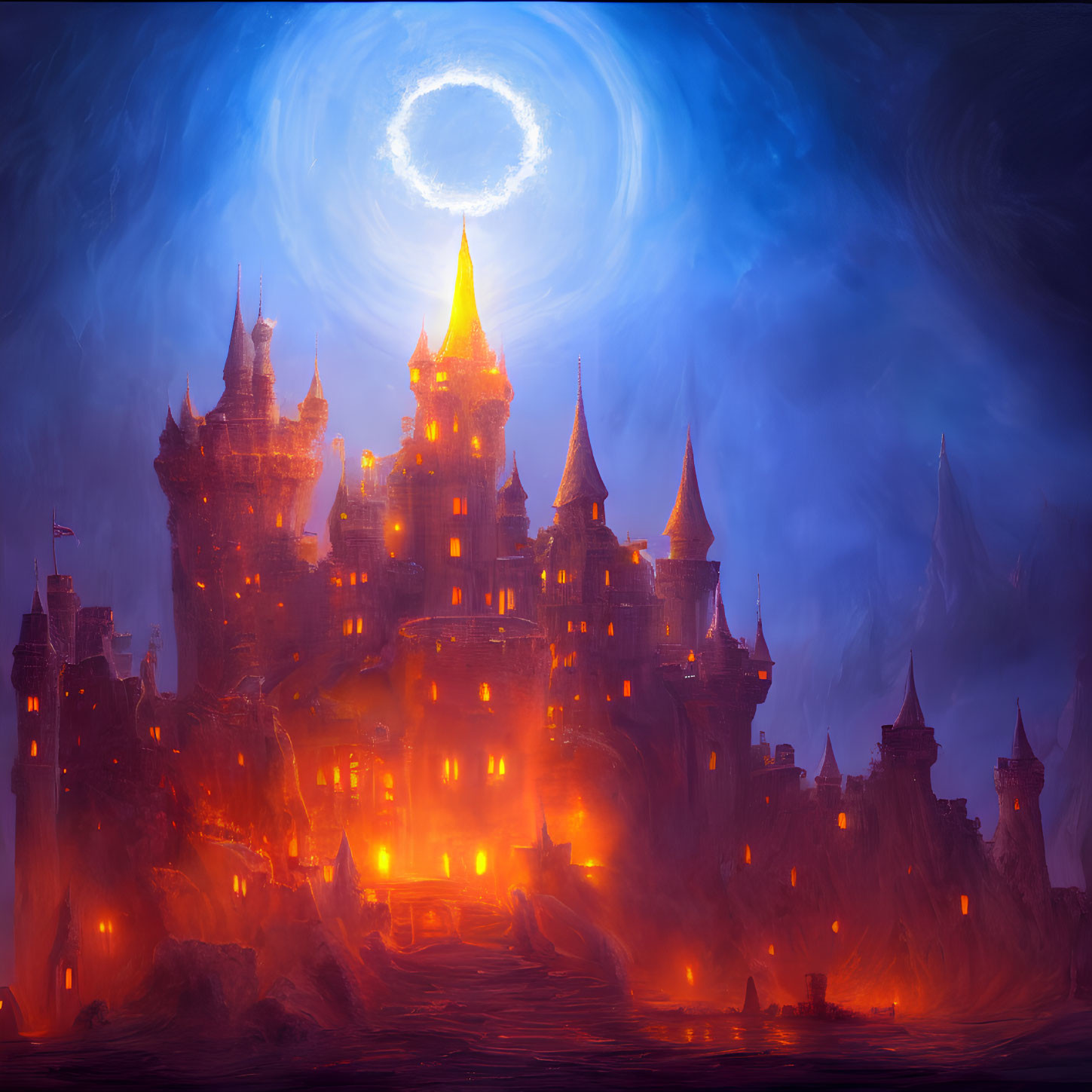 Glowing castle under swirling night sky with golden light.