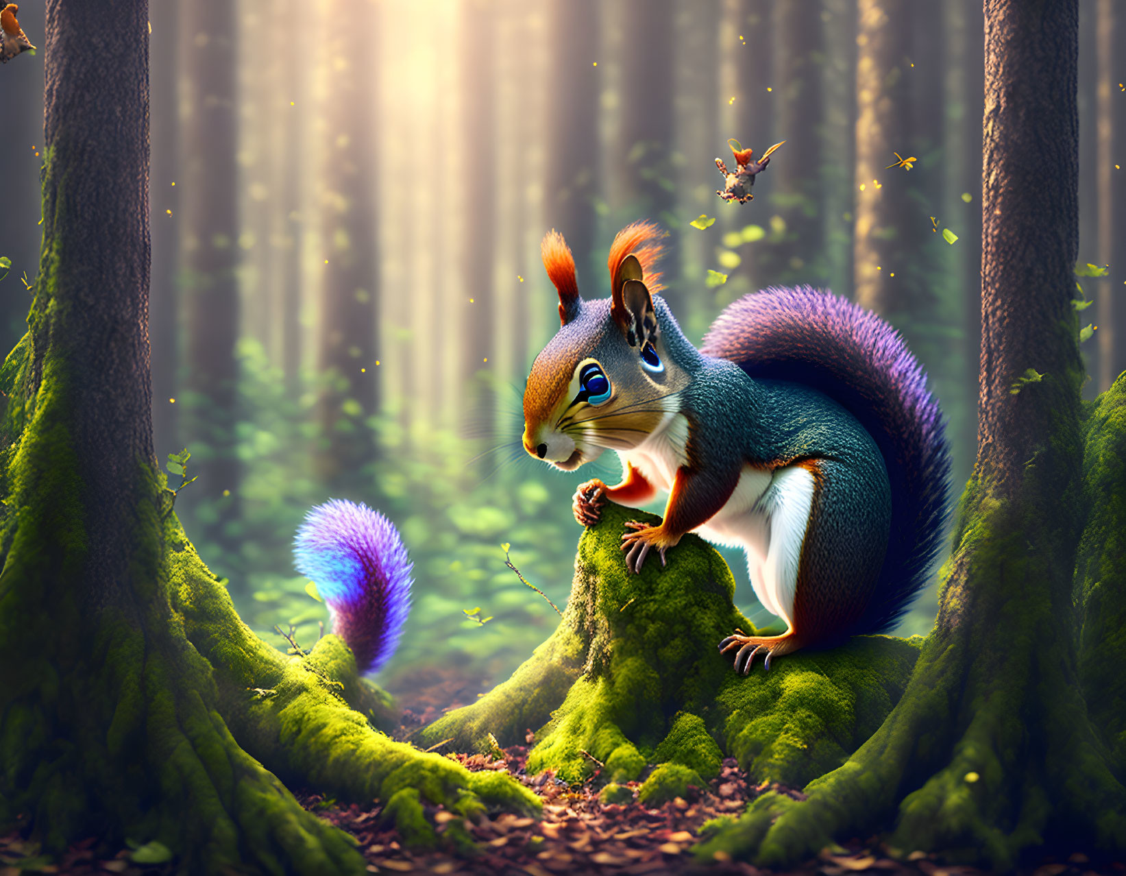 Colorful squirrel in mystical forest with sunbeams and bird - Illustration