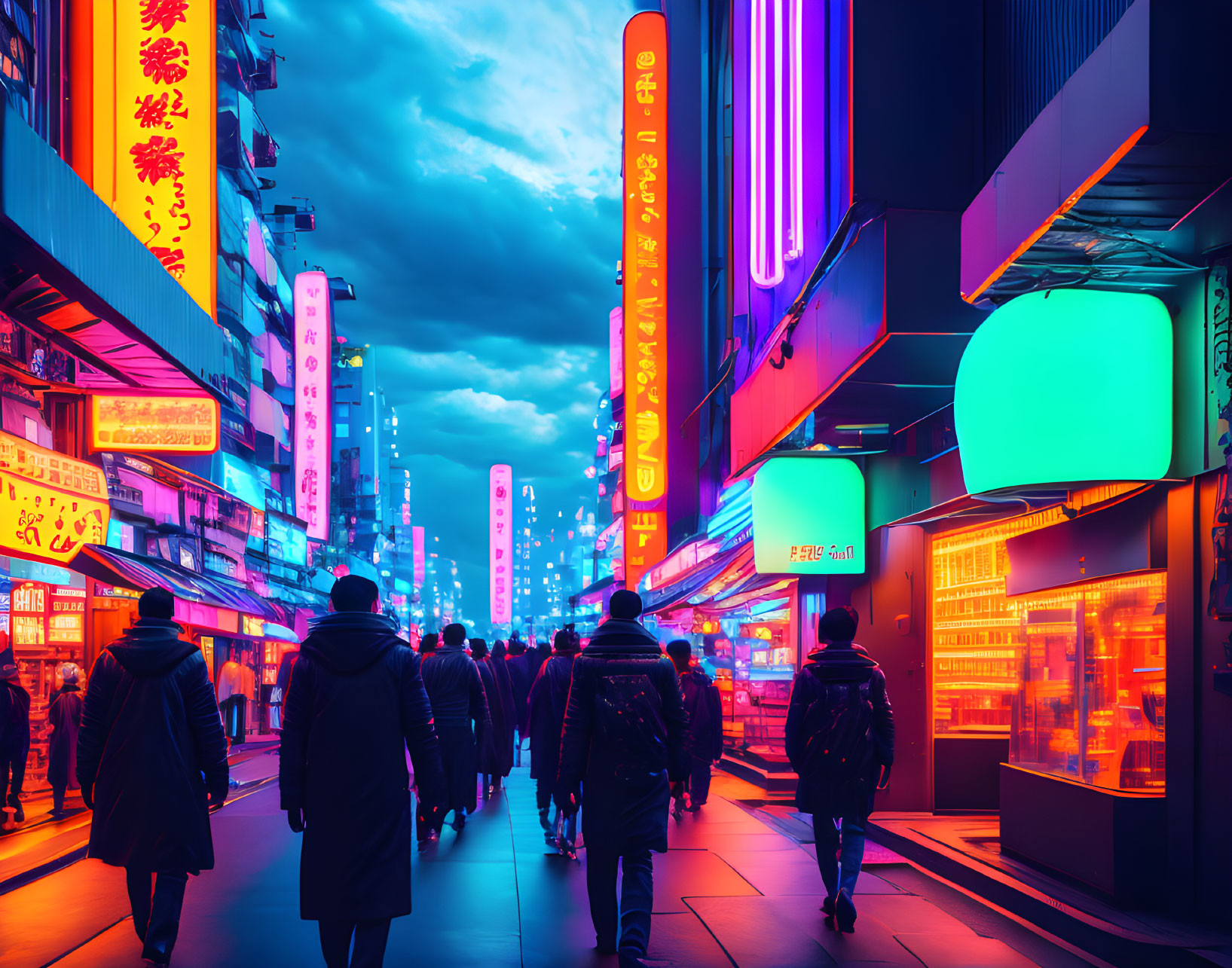 Neon-lit street at dusk with bustling pedestrians and fluorescent signs