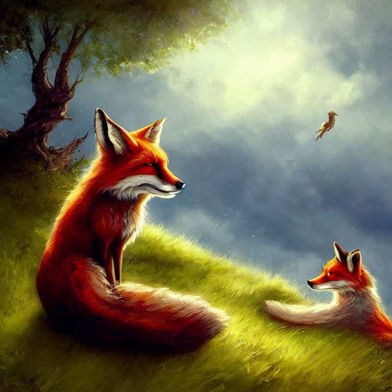 Foxes on grass with tree and bird in luminous sky