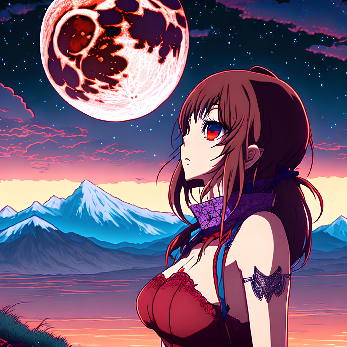 Pensive anime girl with red eyes against moonlit backdrop