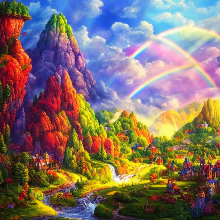 Colorful fantasy landscape with rainbow, autumn trees, mountains, river, and houses