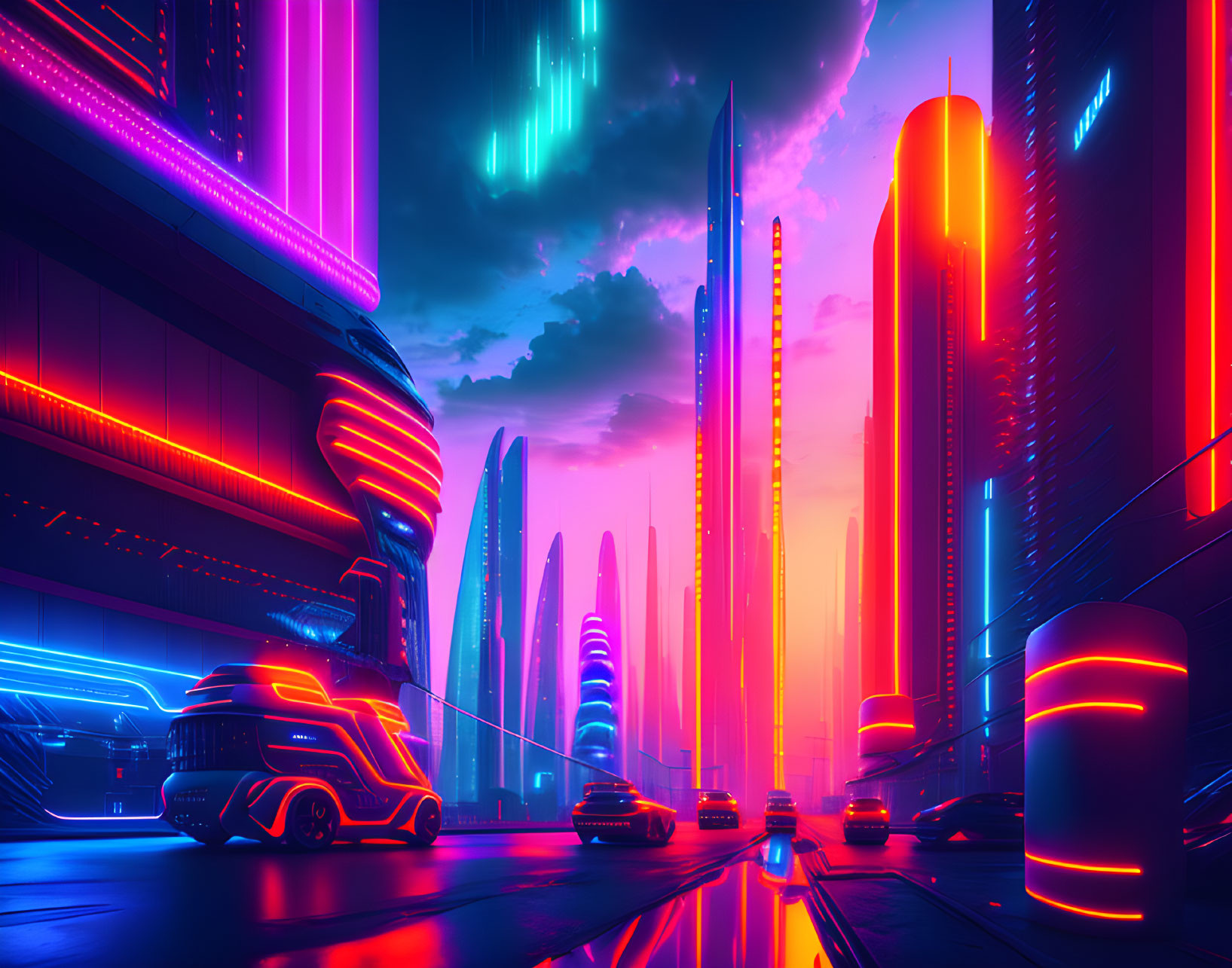 Futuristic neon-lit cityscape with skyscrapers and flying cars at twilight