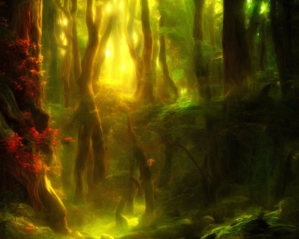 Enchanting forest with glowing lights and misty ambiance