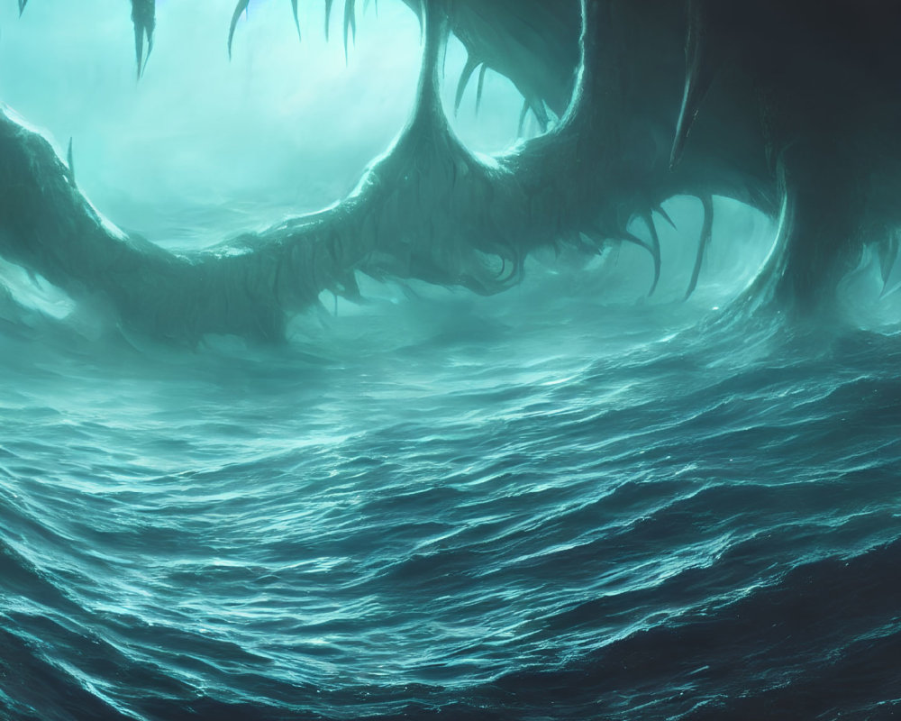 Eerie Underwater Scene with Tooth-Like Structures in Blue-Green Ambiance