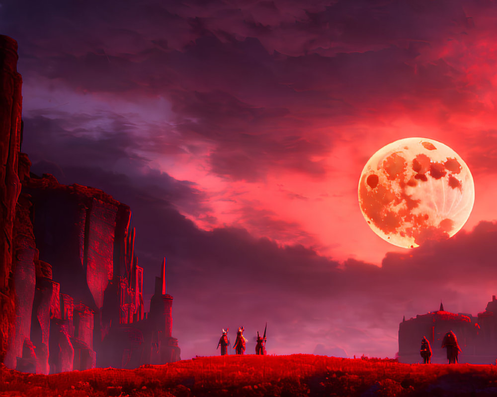 Large Red Moon Over Silhouettes in Surreal Fantasy Scene