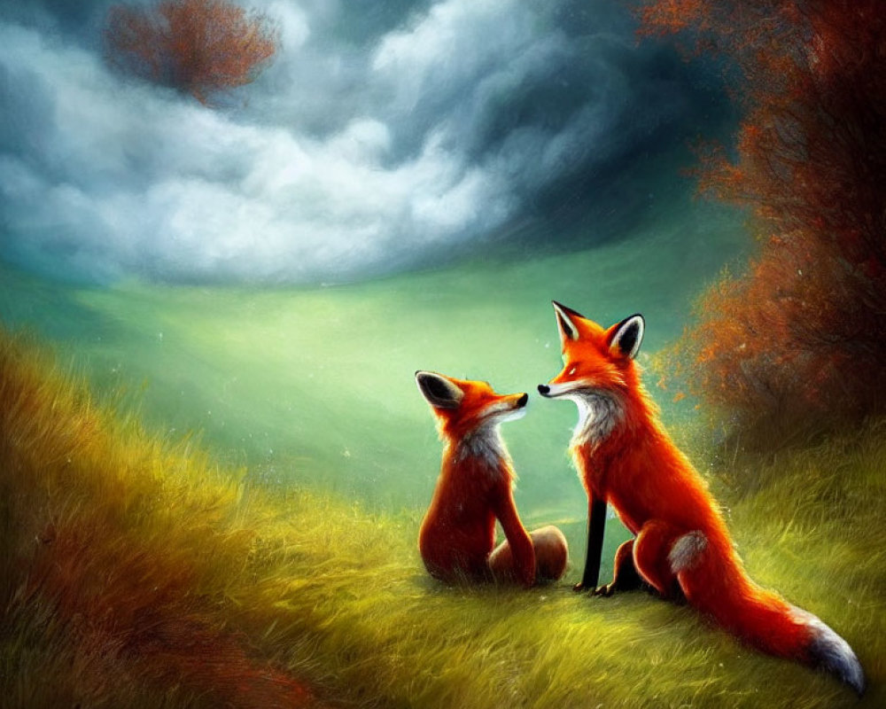 Vibrant autumn meadow with two nuzzling foxes under brooding sky