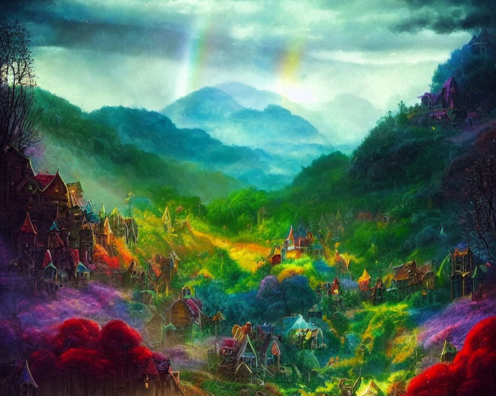 Colorful Fantasy Village Among Misty Mountains and Double Rainbow