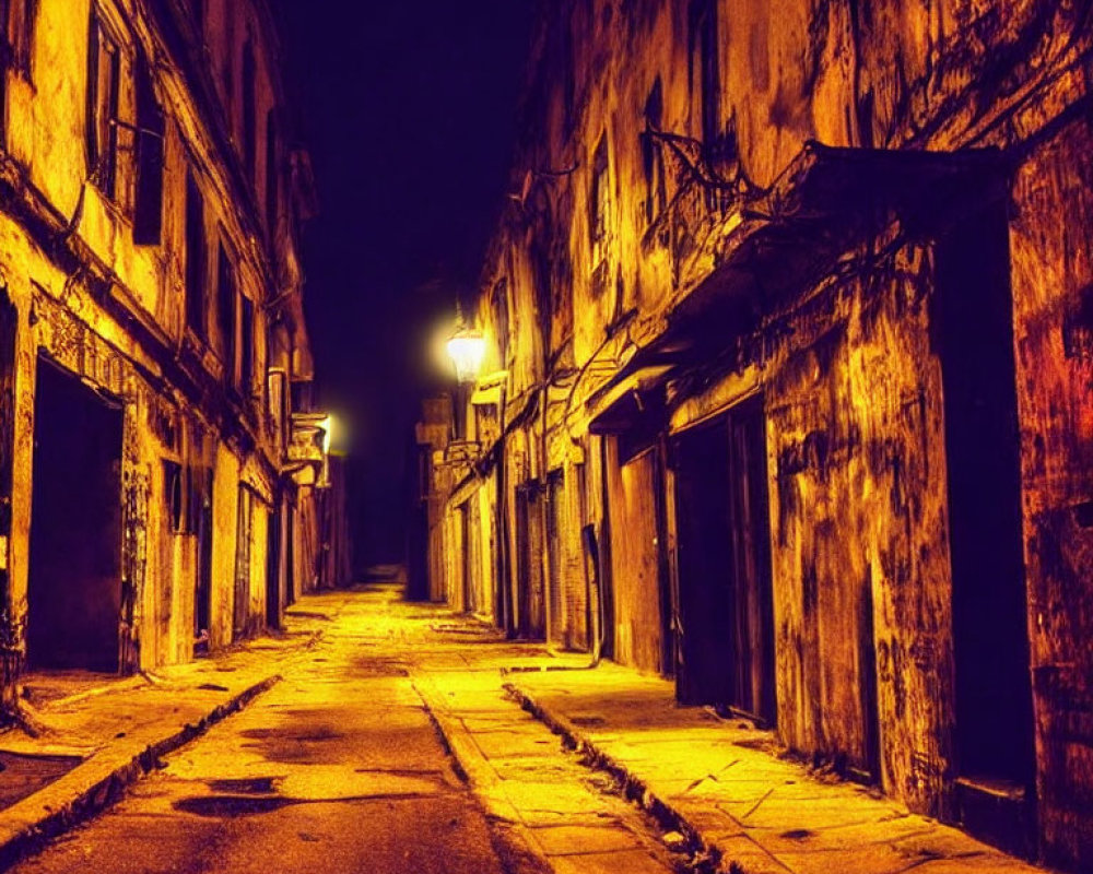 Narrow Street at Night with Warm Yellow Glow