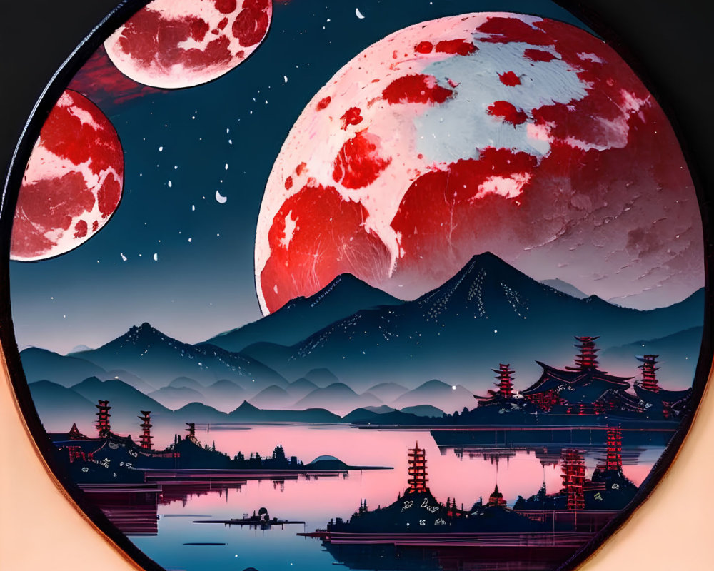 Vibrant red and purple landscape with moons, mountains, pagodas, and water under star