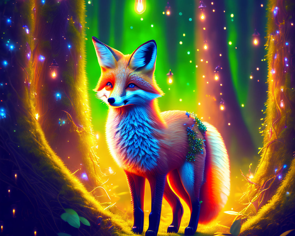 Colorful Fox in Enchanted Forest with Glowing Lanterns