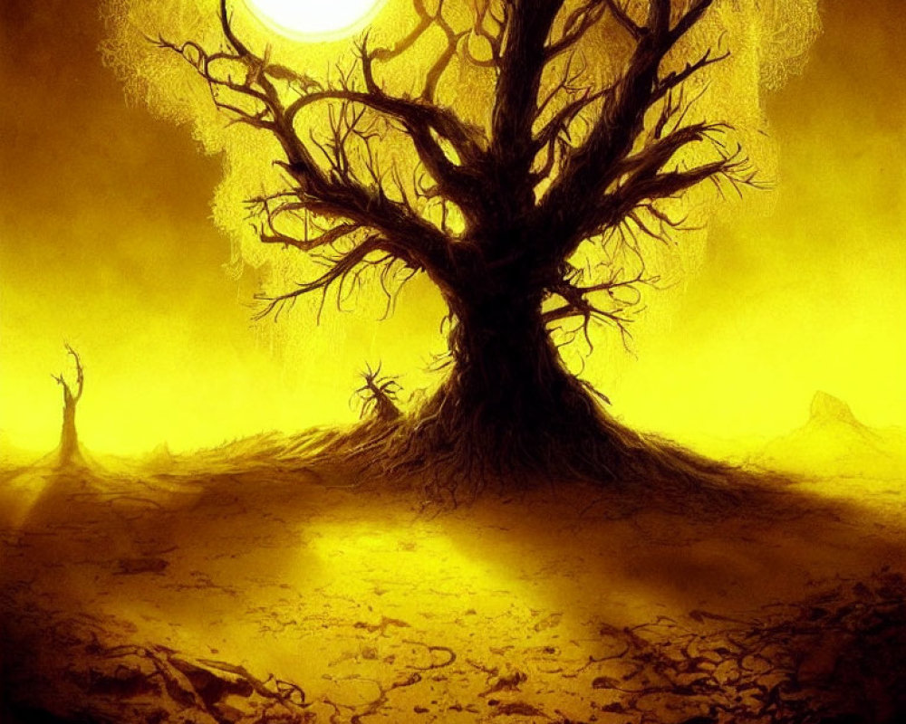 Barren twisted tree under large yellow moon in eerie landscape