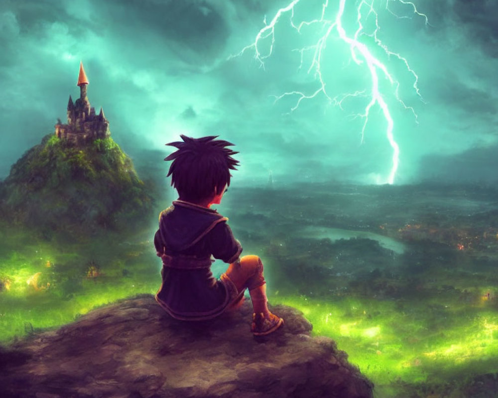 Boy on hilltop gazes at distant castle in stormy sky with lightning.