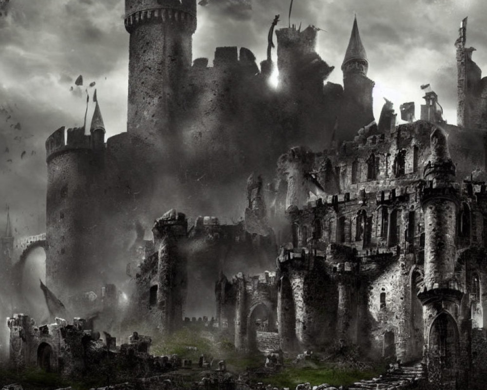 Monochrome image of brooding medieval castle amid ruins with dark clouds