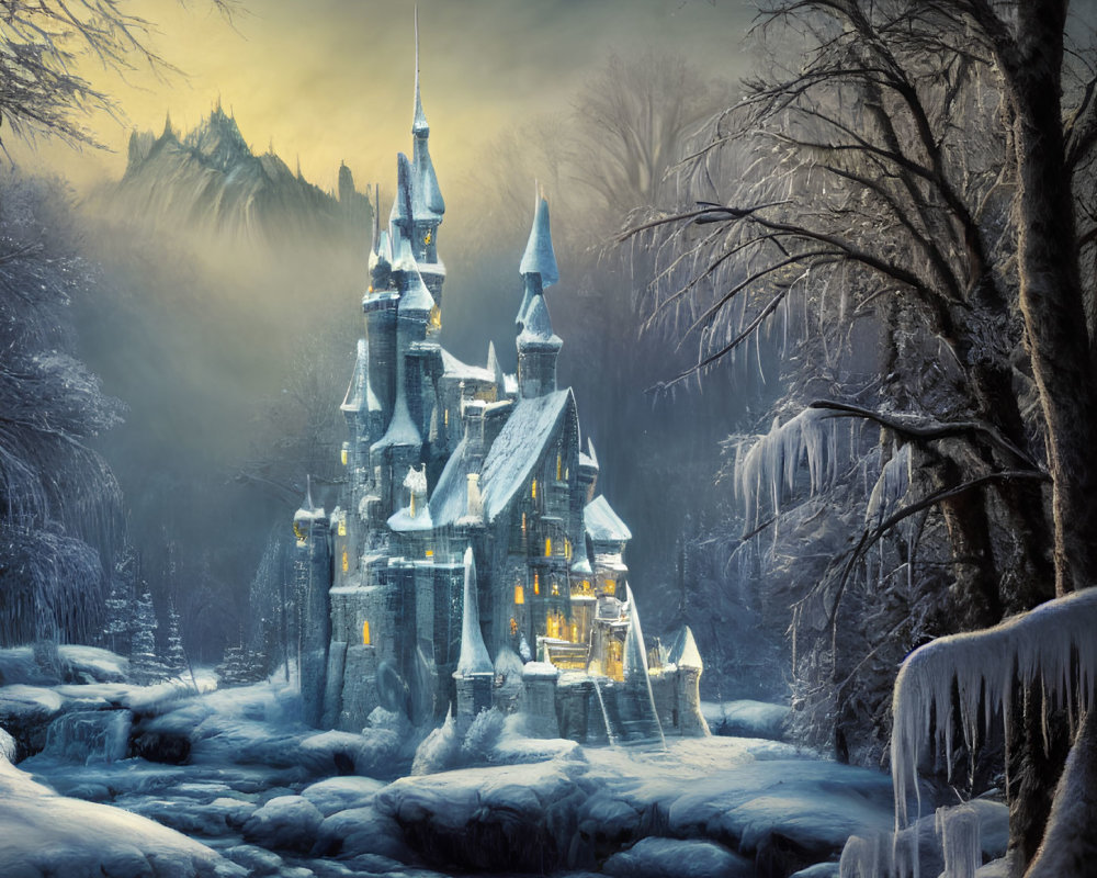 Mystical winter castle with warm glowing lights in snowy landscape