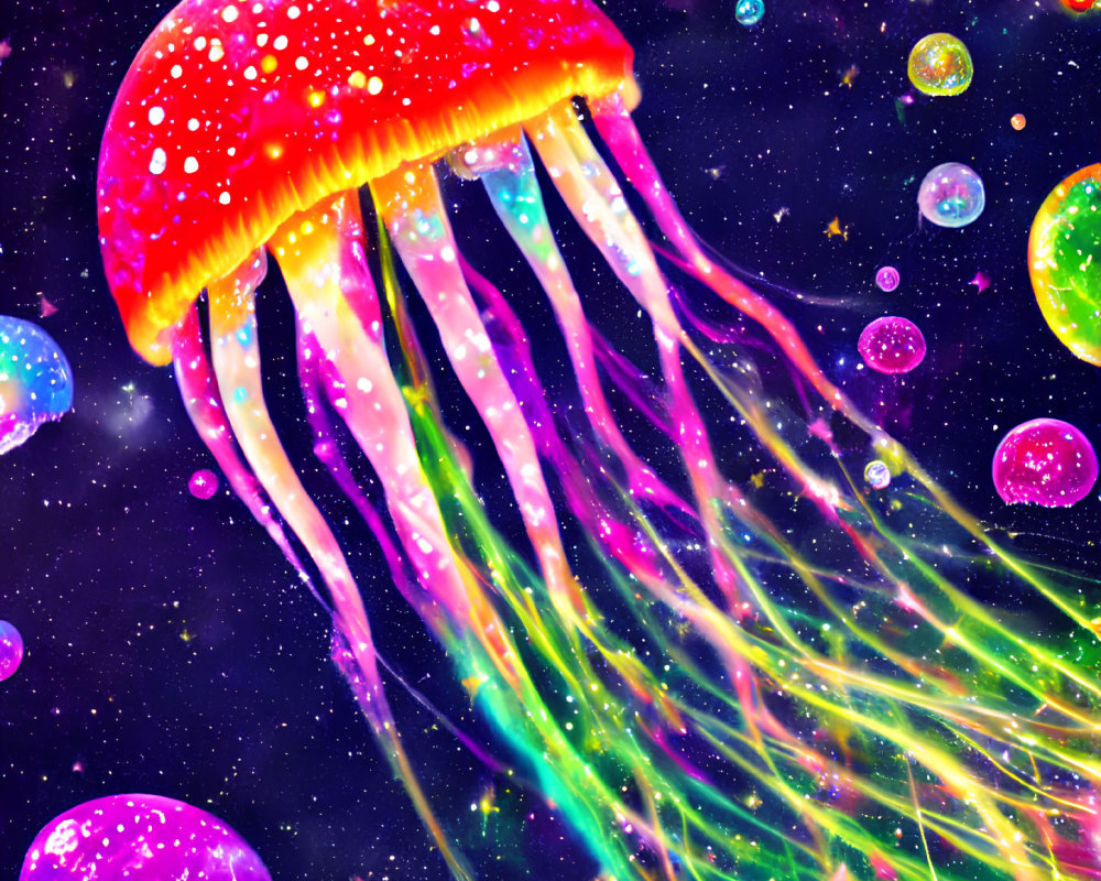 Neon-colored jellyfish in cosmic galaxy artwork