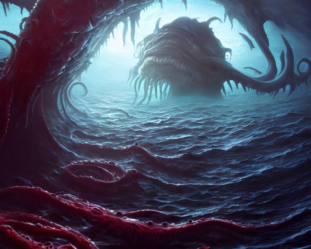 Menacing sea monster with tentacles emerges from dark blue ocean