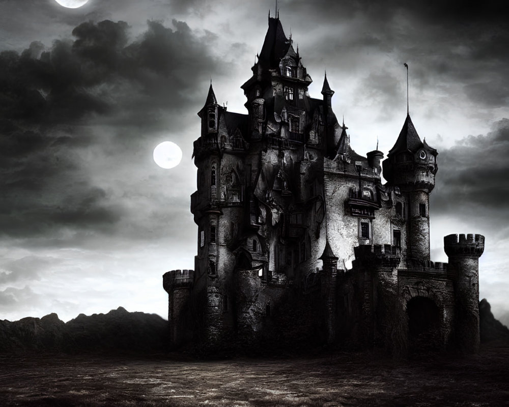 Gothic castle under night sky with two moons on rocky terrain