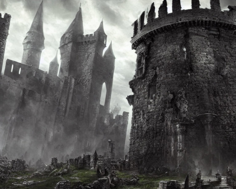 Dark medieval castle ruins in foggy desolation