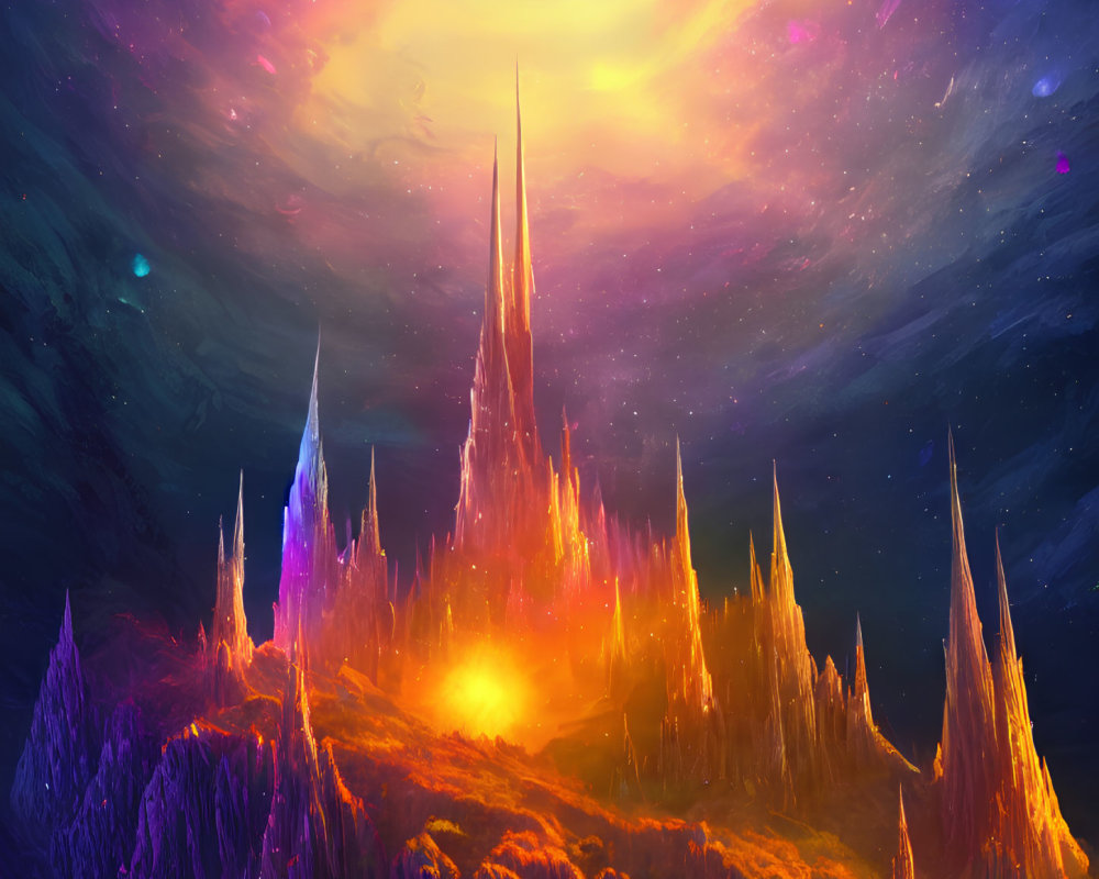 Vibrant digital artwork of cosmic landscape with luminous spire-like formations under starry sky and