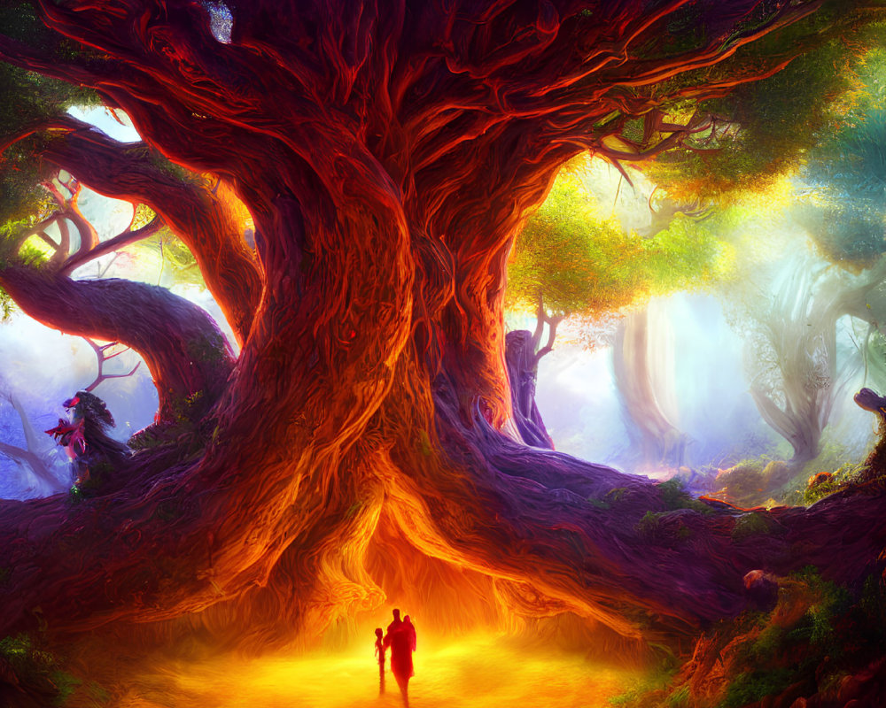 Illustration of mystical tree with fiery roots and figures in enchanted forest