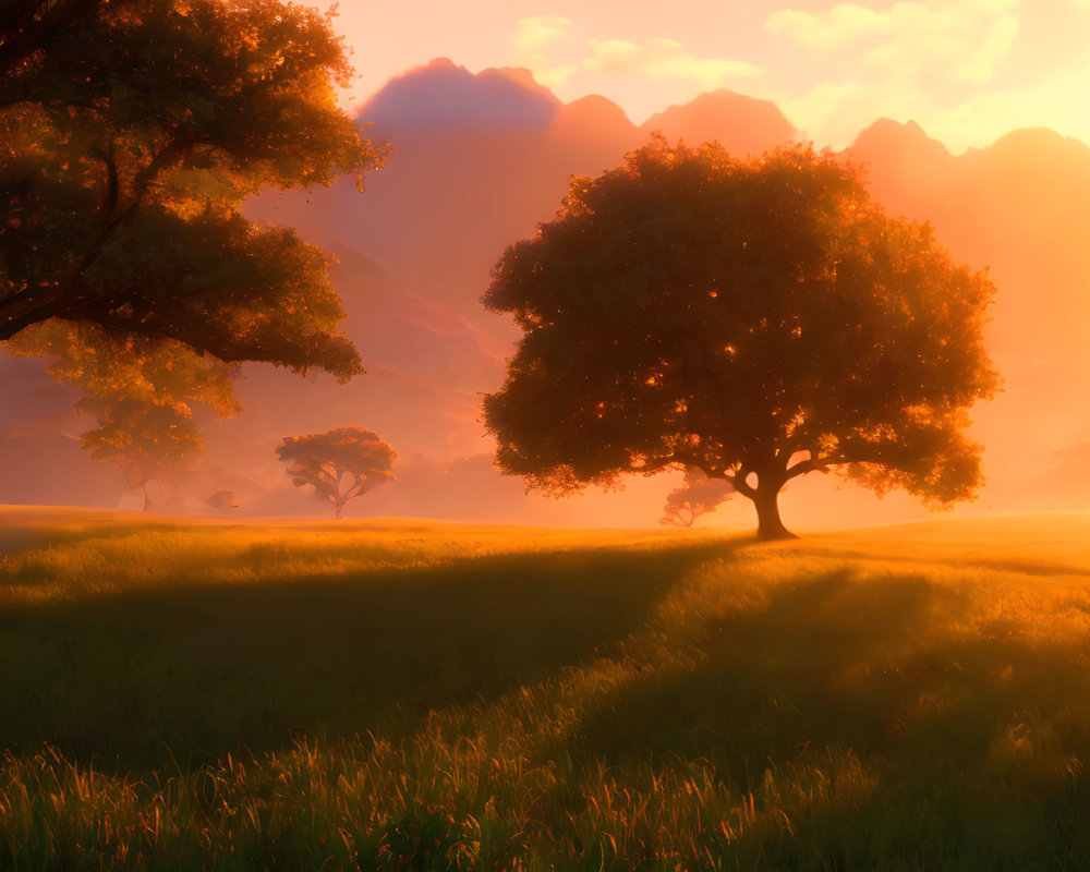 Tranquil landscape with lone tree, sunrise light, and distant mountains