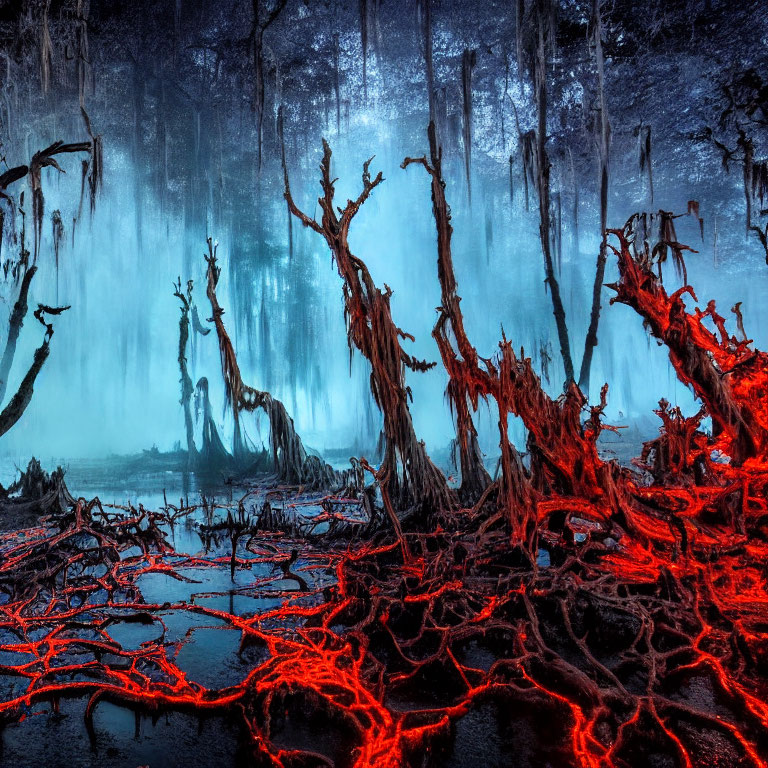 Mystical forest with red roots, dark trees, and blue foggy backdrop