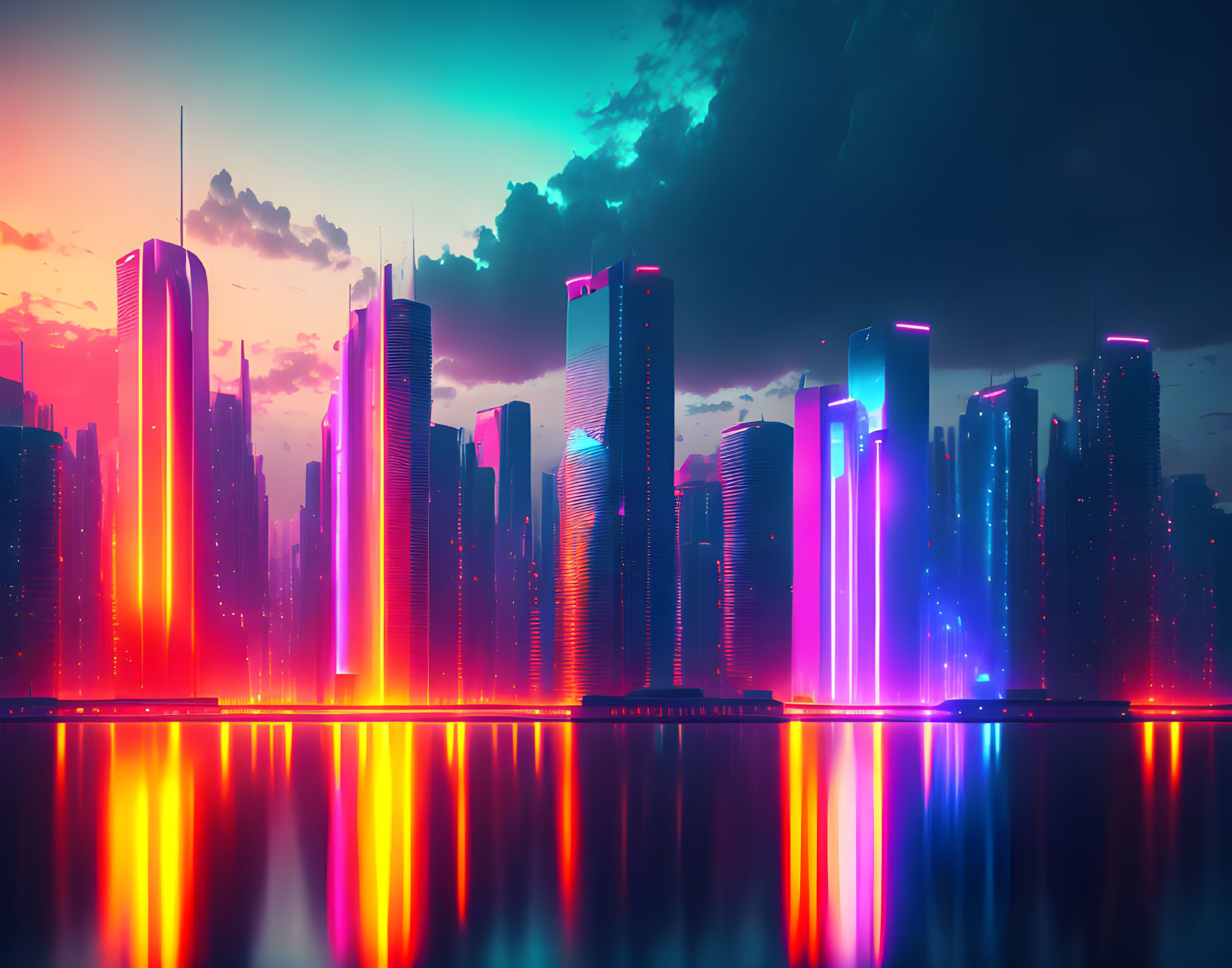 Futuristic city skyline at dusk with vibrant neon lights reflecting off water