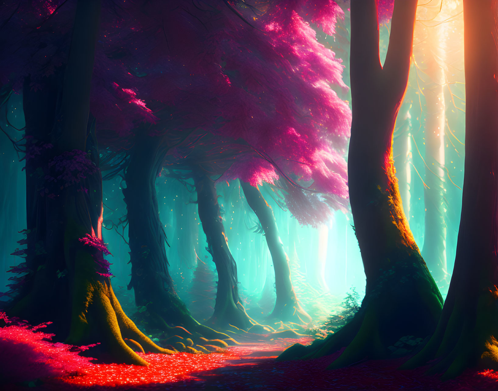 Enchanted forest with towering trees and pink-blue glow