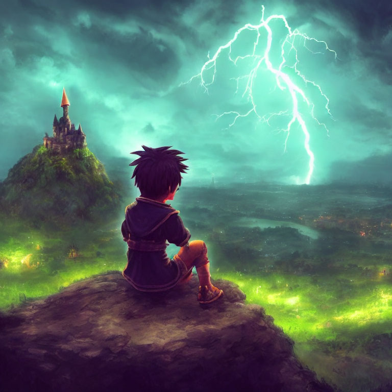 Boy on hilltop gazes at distant castle in stormy sky with lightning.