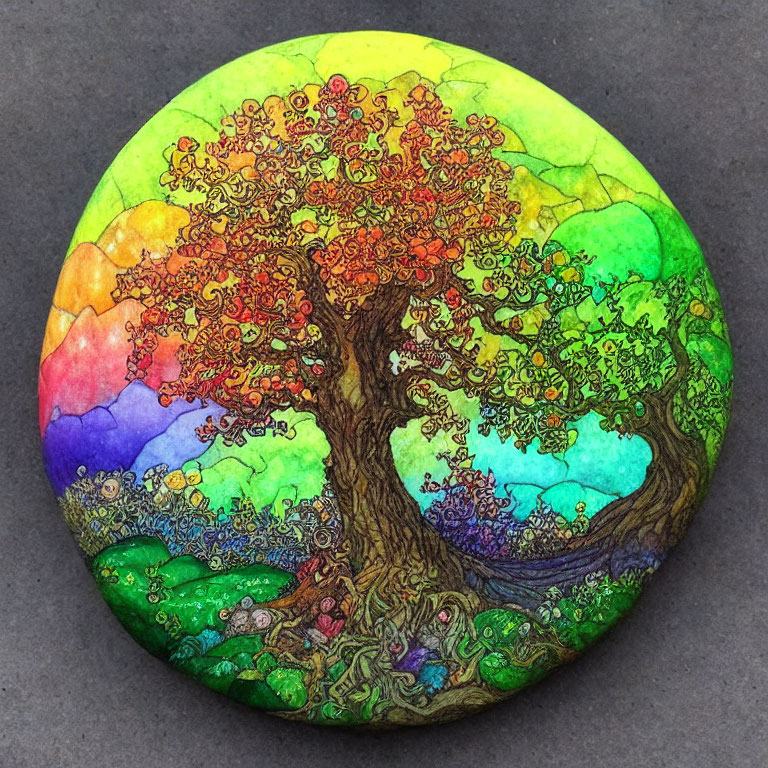 Colorful Tree Artwork on Circular Canvas with Rainbow Background