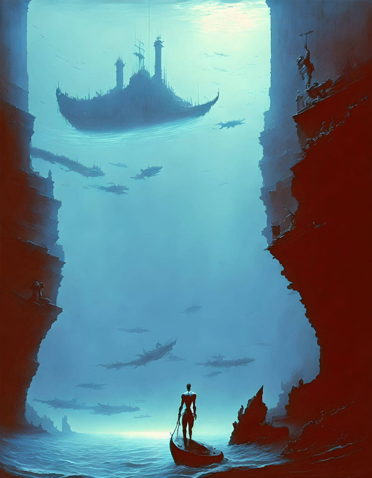 Person on small boat gazes at ghostly ship between towering cliffs