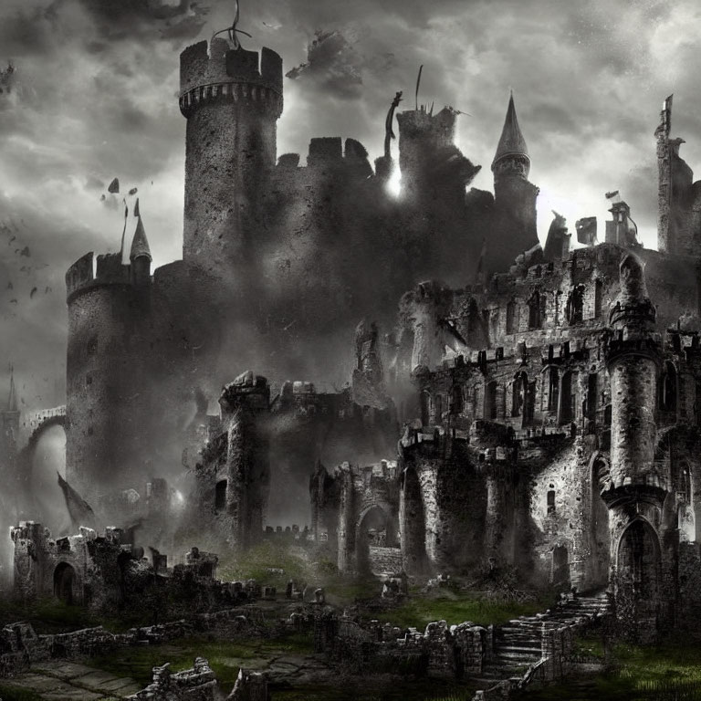 Monochrome image of brooding medieval castle amid ruins with dark clouds