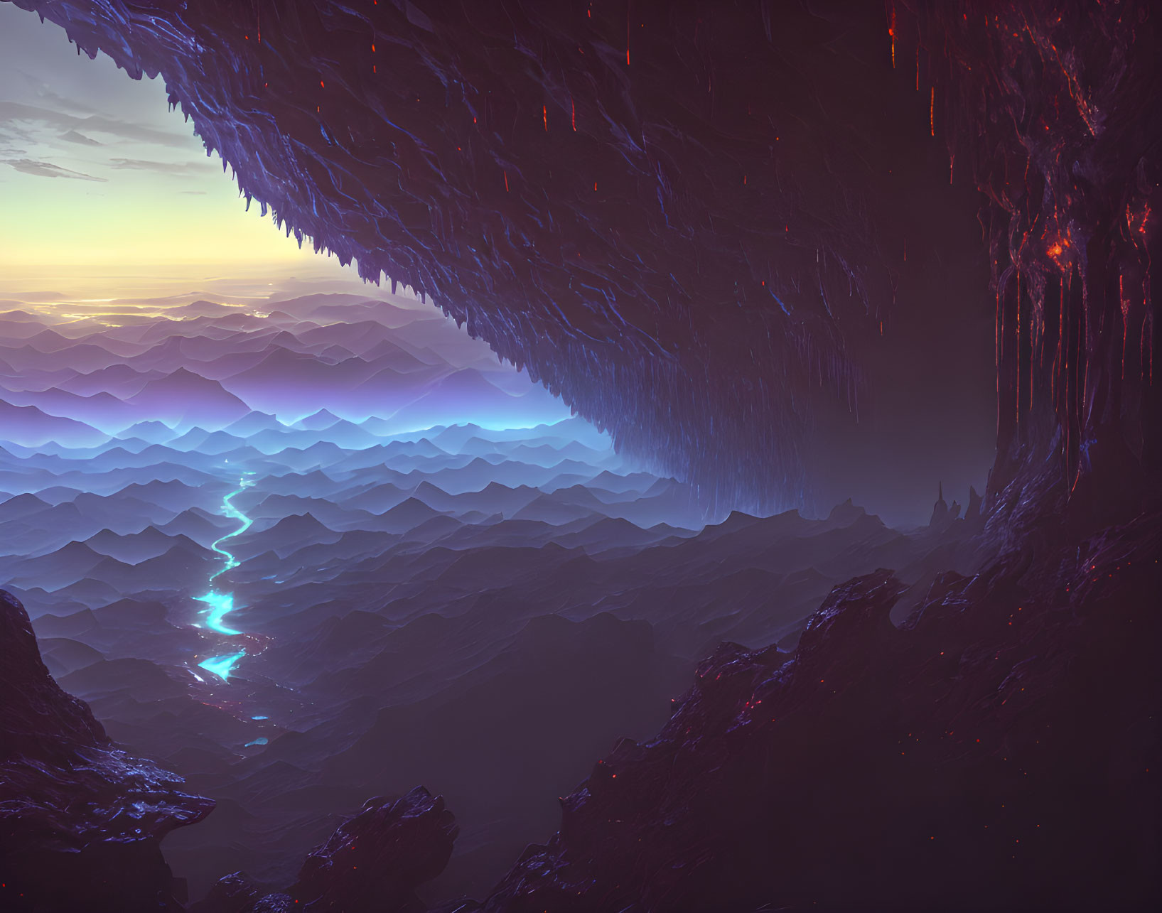 Surreal landscape with layered mountains, cavernous ceiling, and glowing river