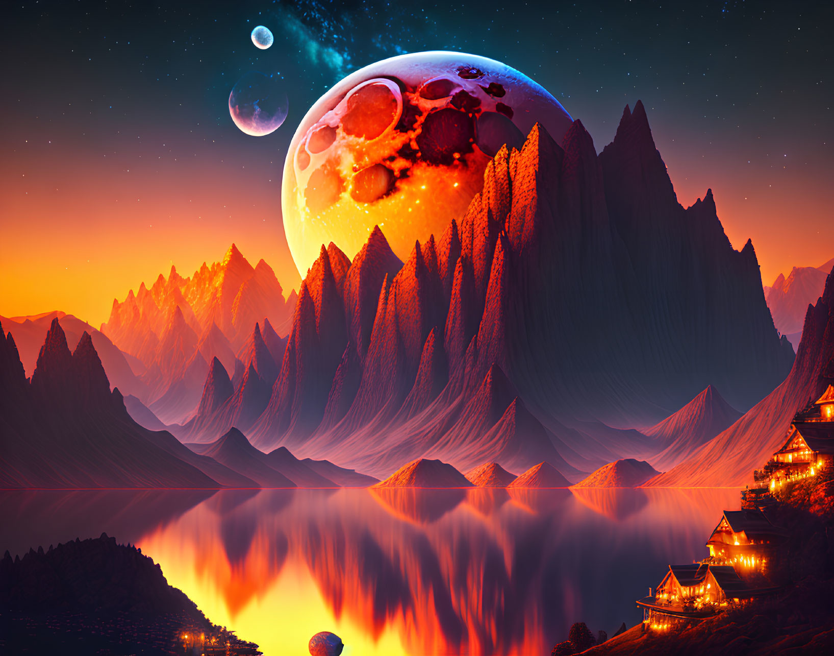 Fantastical landscape with jagged mountains, reflective lake, pagodas, surreal moon