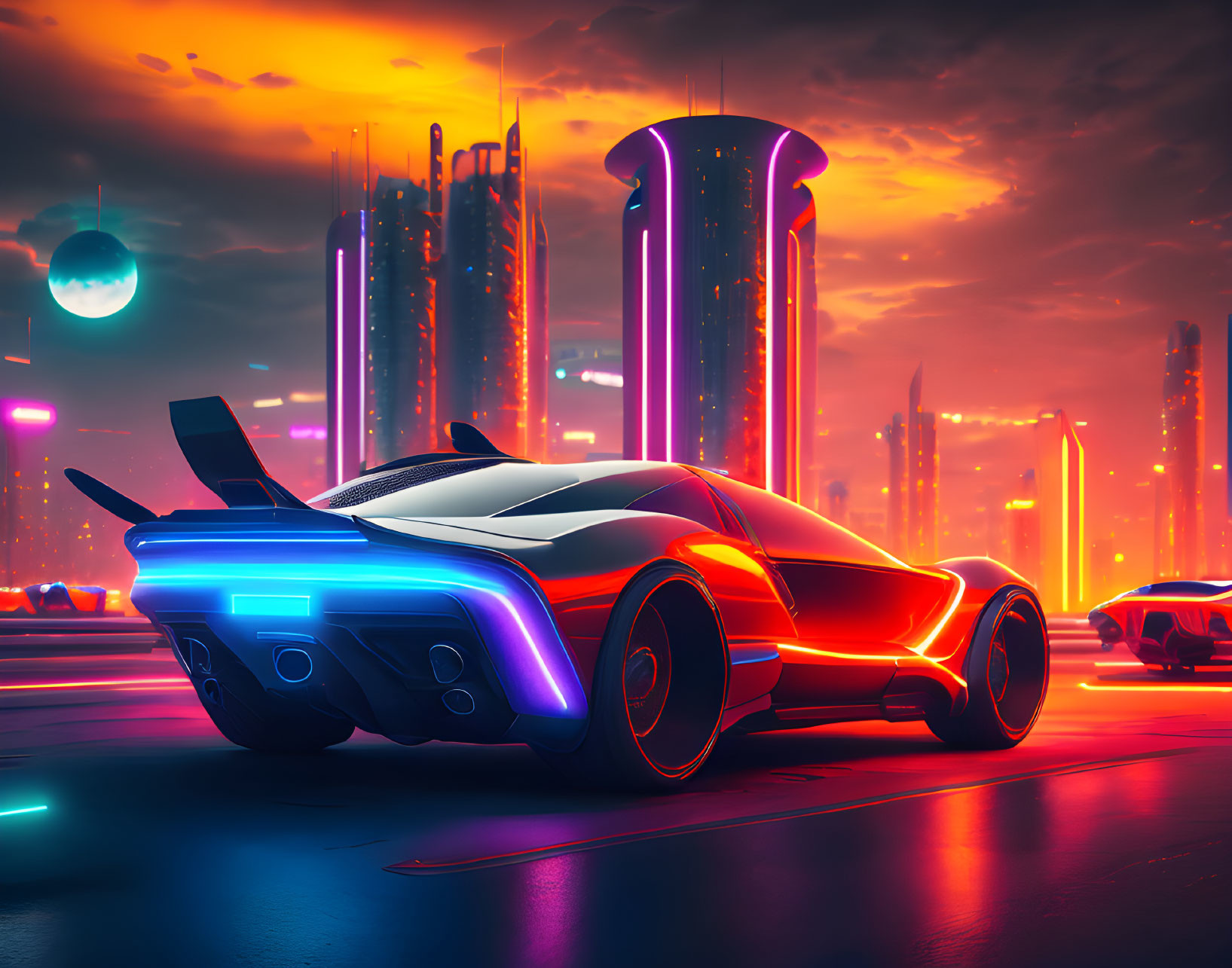 Futuristic car with neon lights in city street at dusk