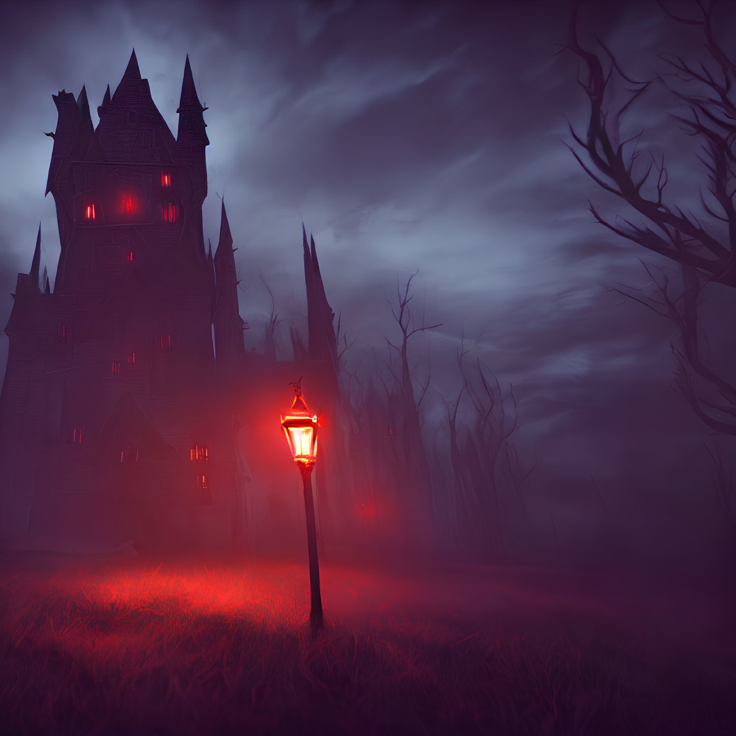 Eerie Gothic castle night scene with red mist and lamppost