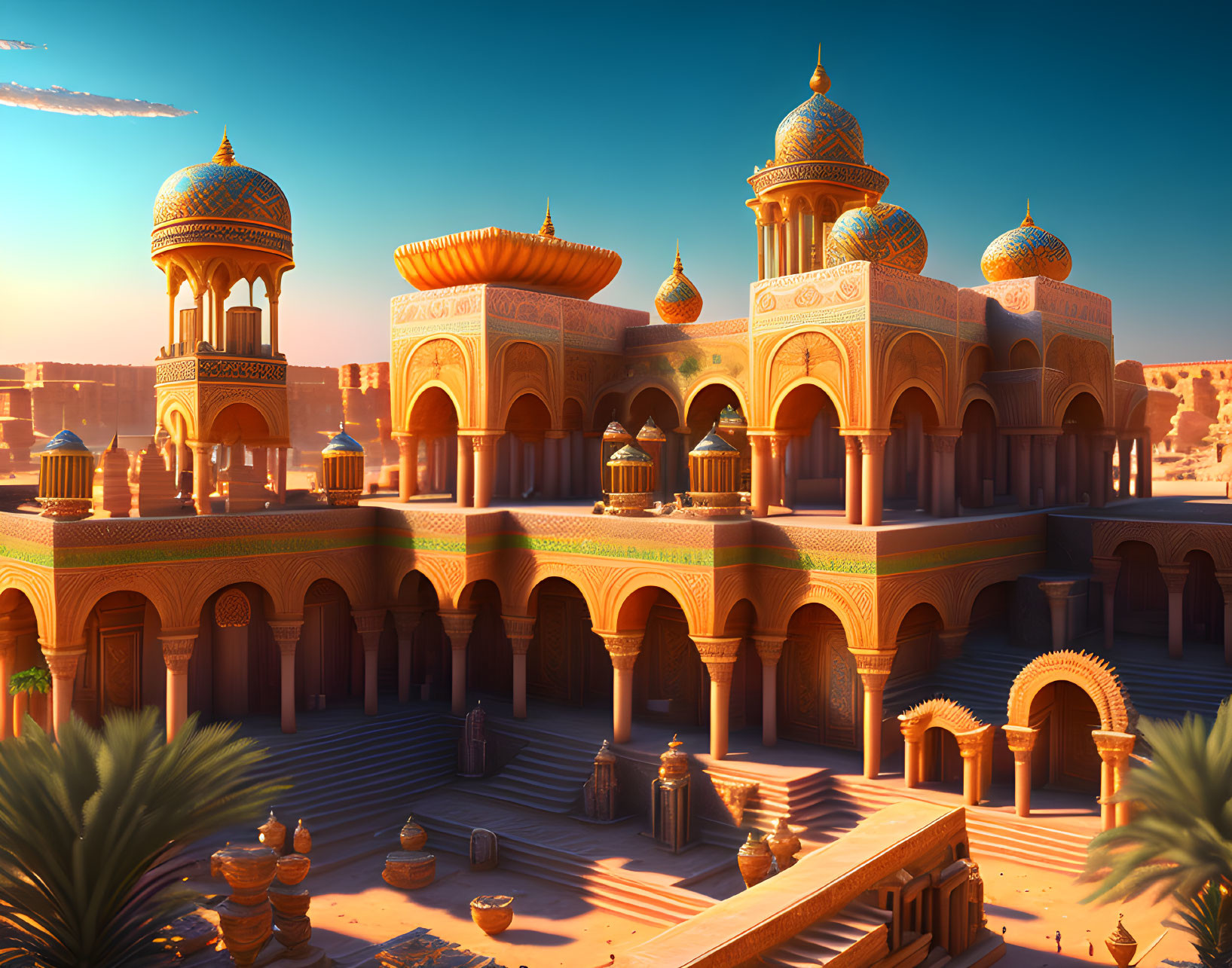 Vibrant palace with ornate domes and arches in desert setting