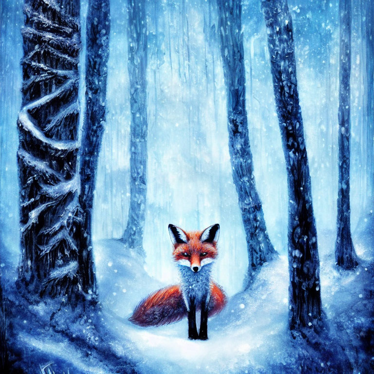 Red Fox in Snowy Blue Forest with Falling Snowflakes