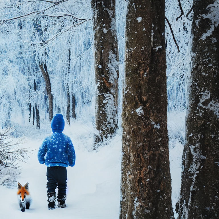 Child in Blue Jacket Walking with Red Fox in Snowy Forest