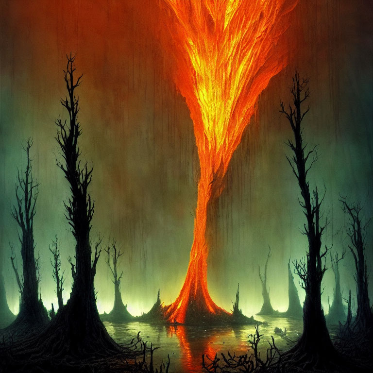 Fiery glowing tree in mystical swamp scene