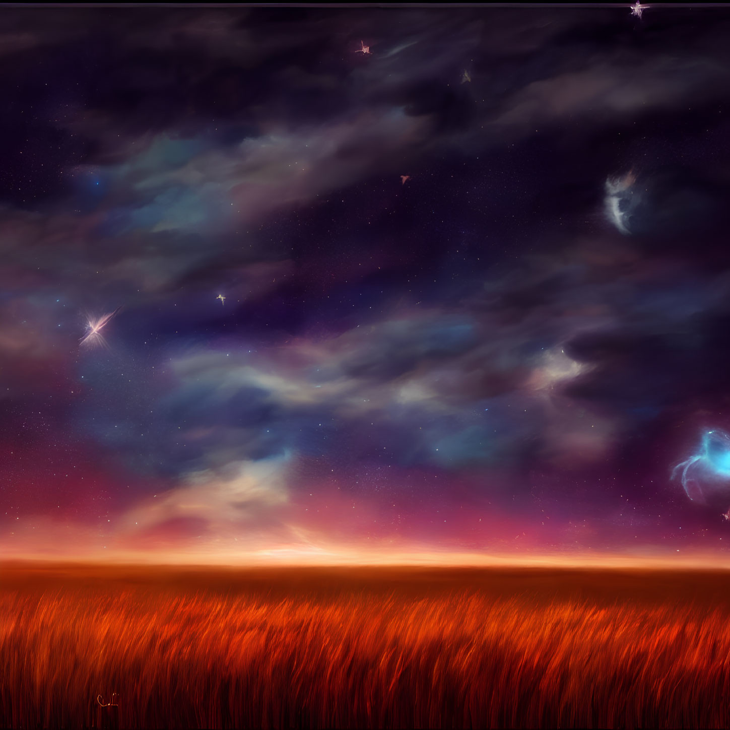 Colorful digital painting: Wheat field at dusk under starry sky