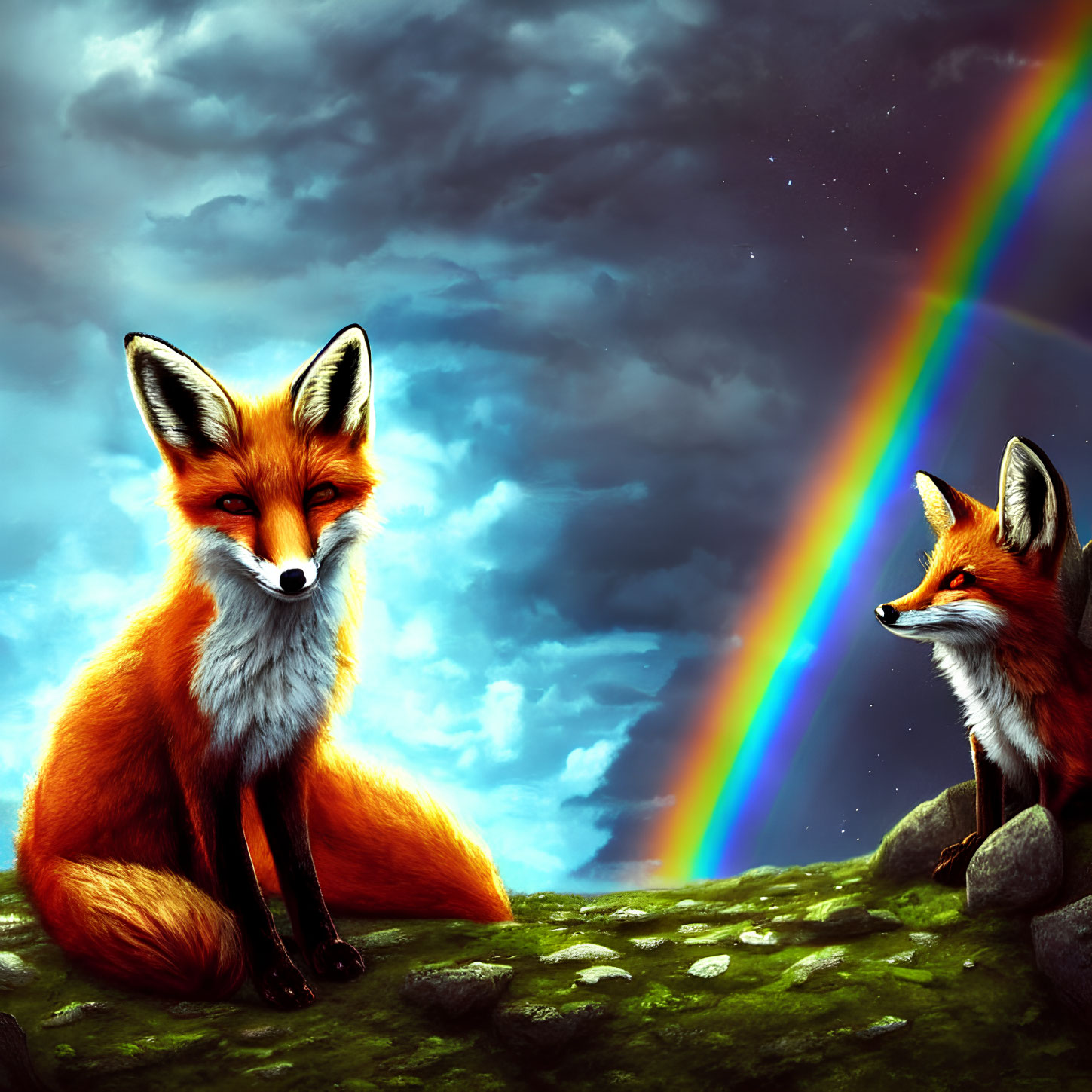 Vibrant red foxes on grass with rainbow and stormy skies