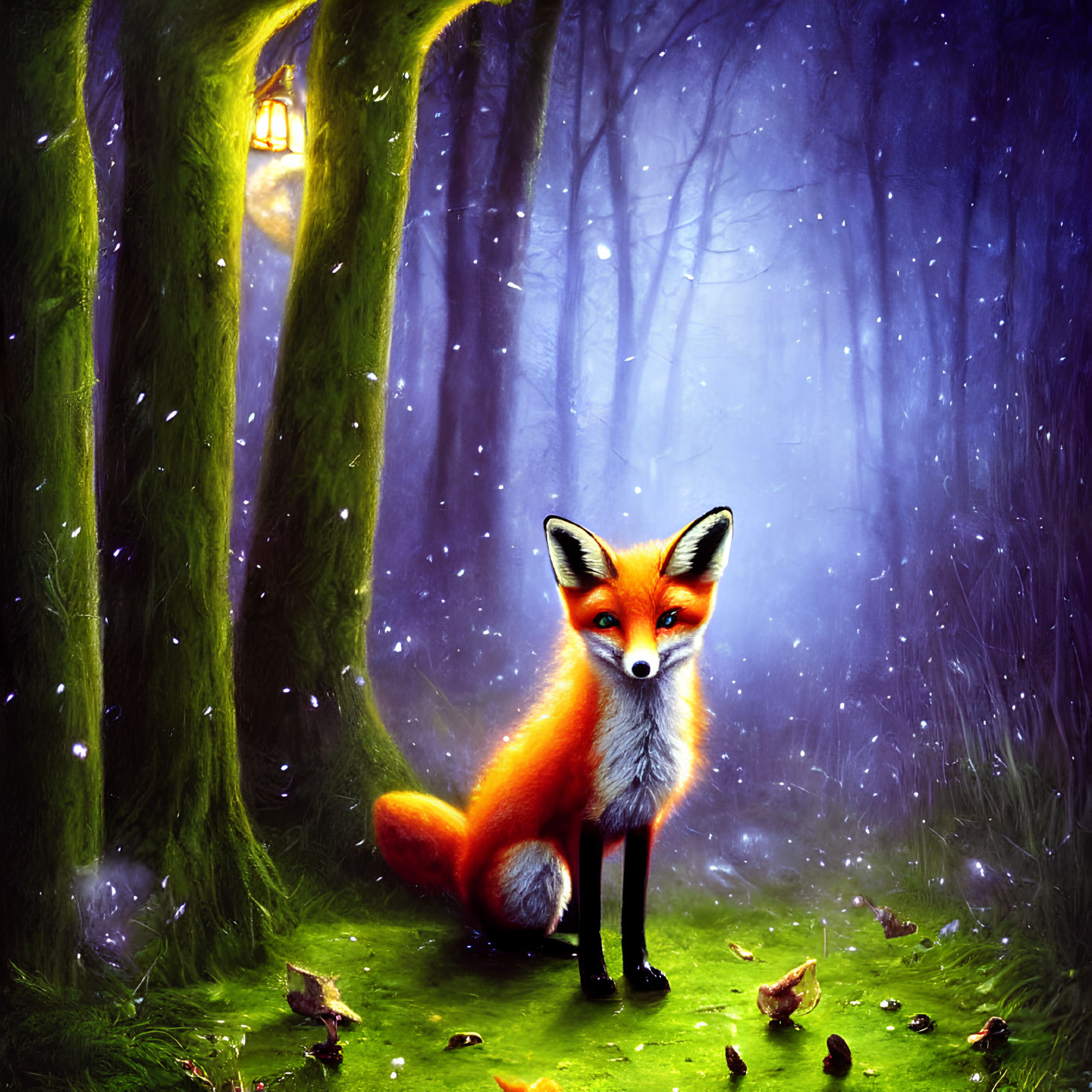 Orange Fox in Mystical Foggy Forest with Lantern