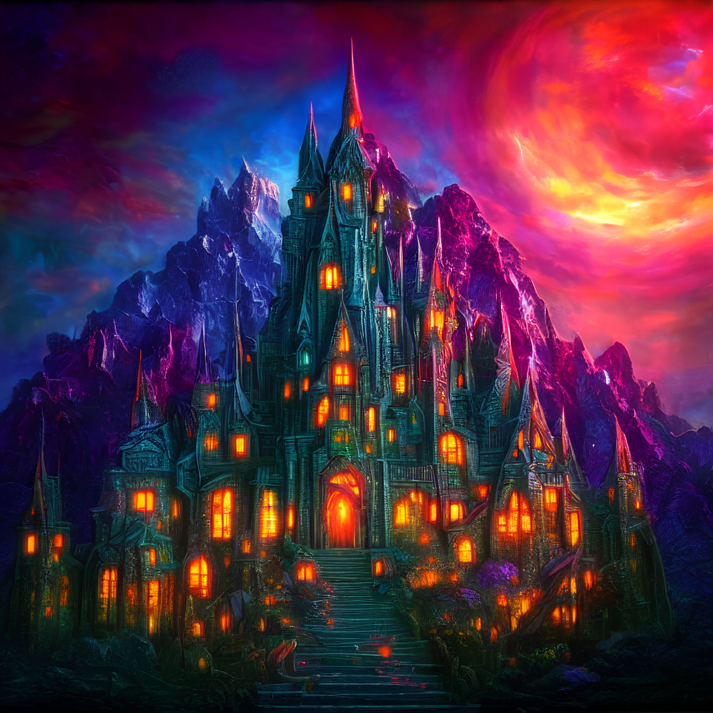 Fantasy castle at twilight with illuminated windows against mountain backdrop