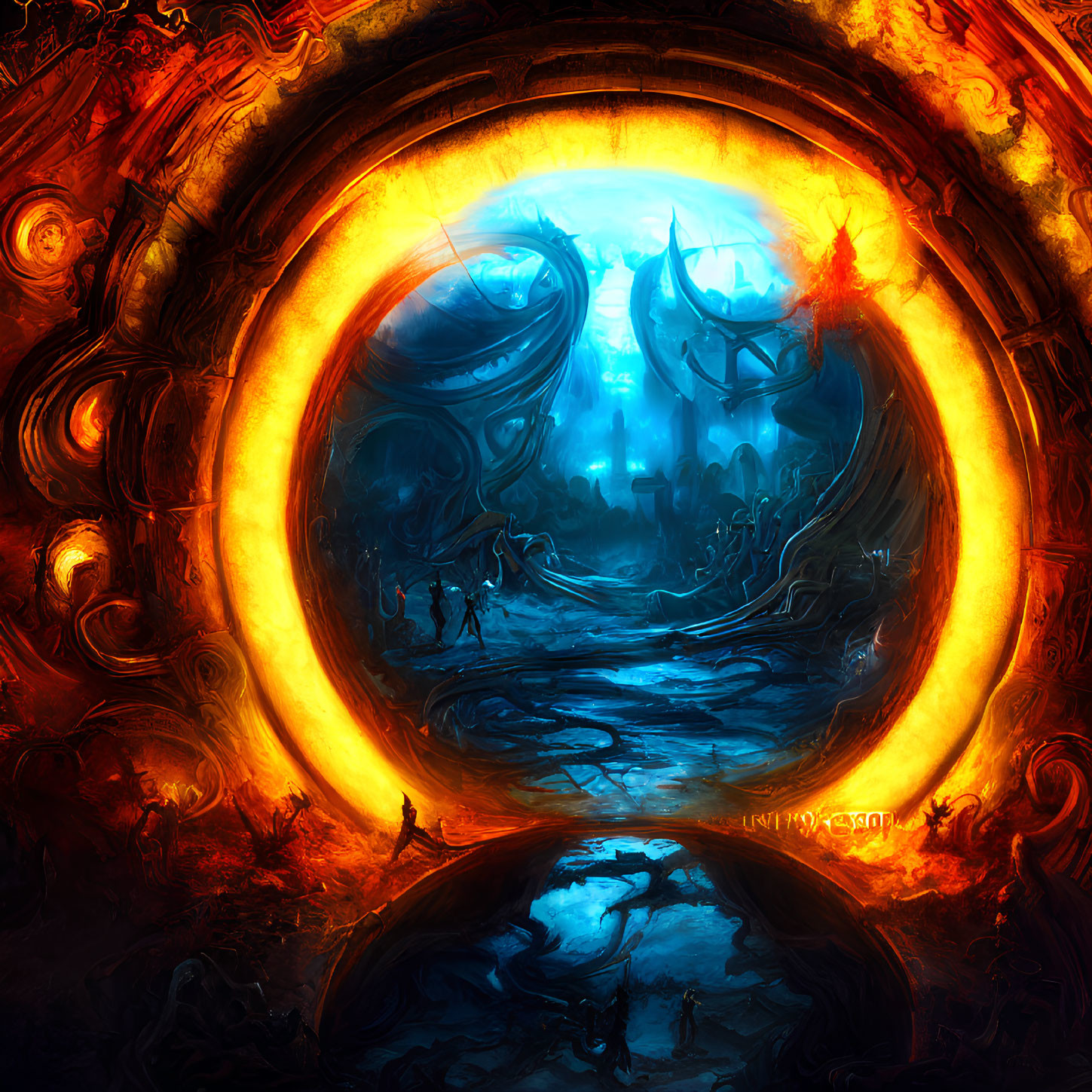 Circular Fiery Orange and Red Portal Reveals Mystical Underwater Scene