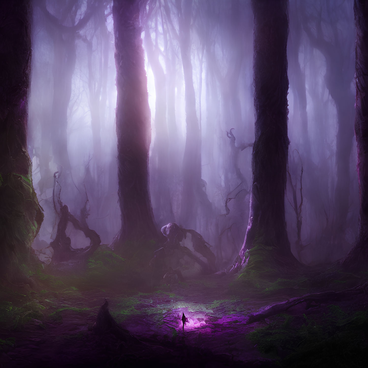 Enchanting purple-lit forest with fog, towering trees, and green moss.