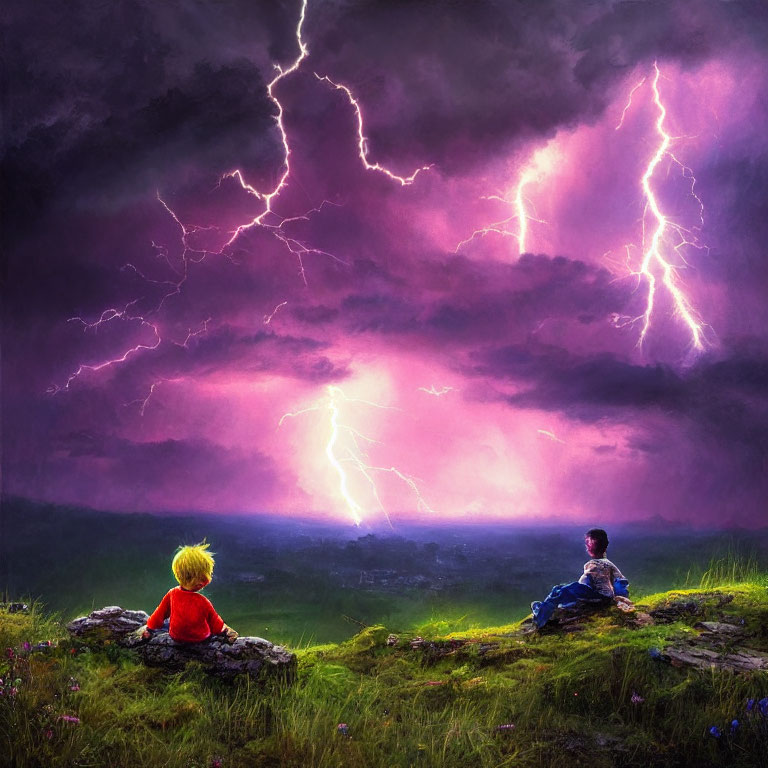 Children watching dramatic purple sky with lightning bolts