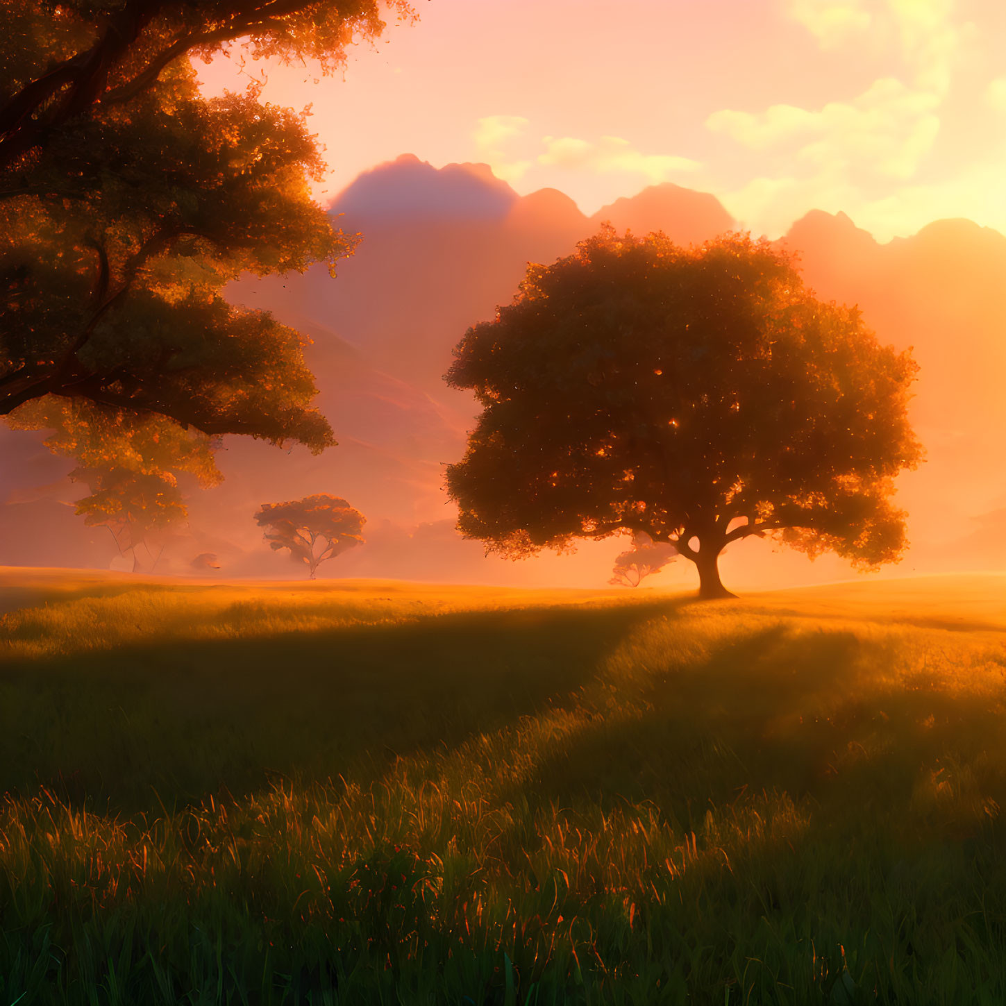 Tranquil landscape with lone tree, sunrise light, and distant mountains